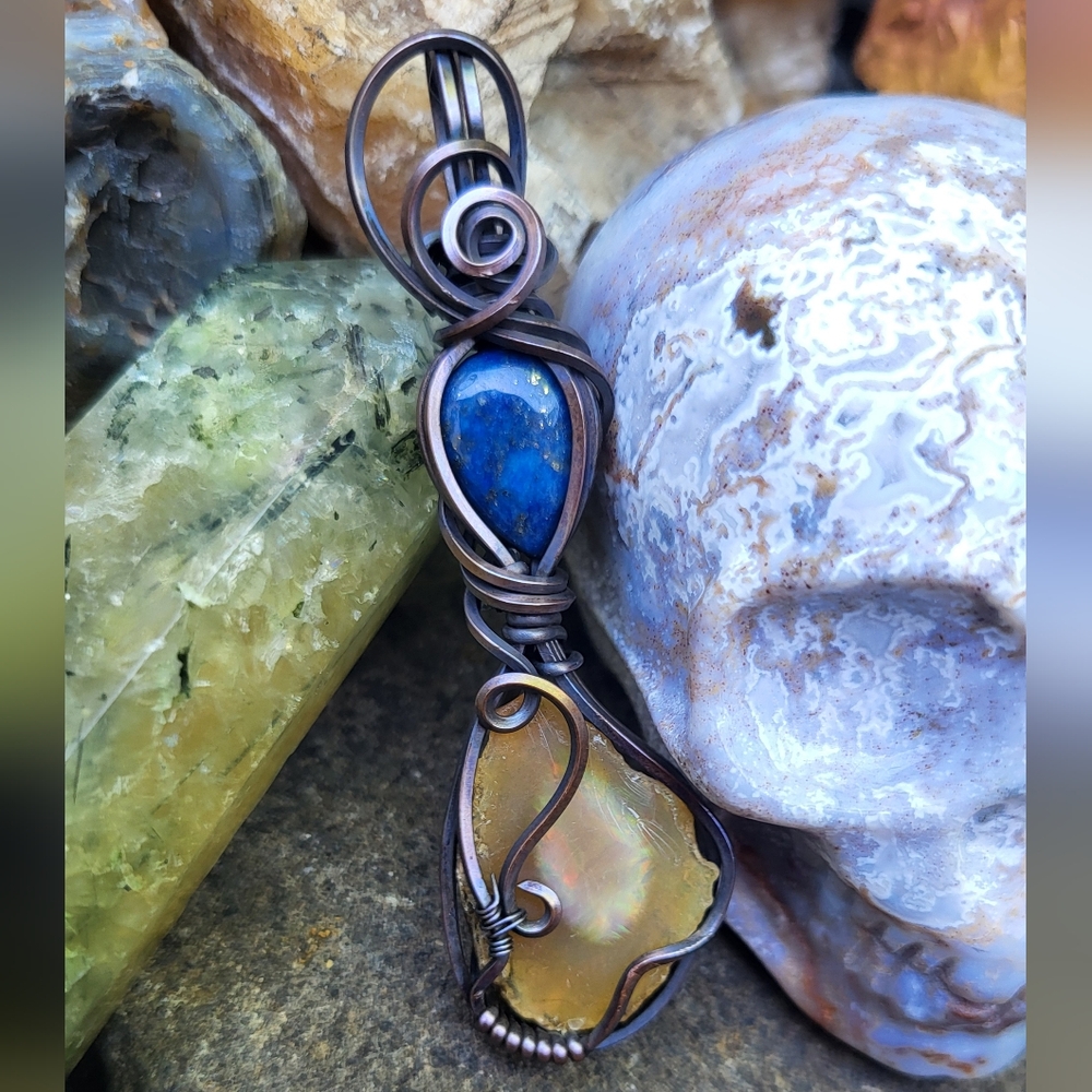 Lapis Lazuli & Welo Opal Wirewrap Pendant Necklace